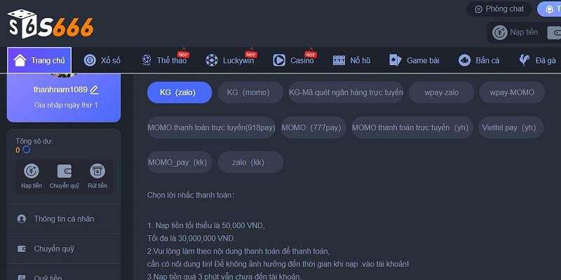 Nạp tiền S666 bằng Zalopay